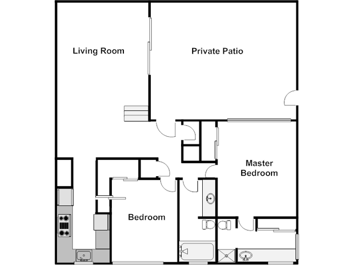 Floor plan for 2 beds, 2 baths, 1100 sqft